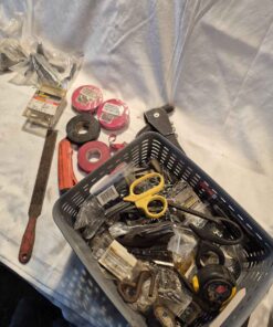Assorted shop accessories team scissors tape measure etc