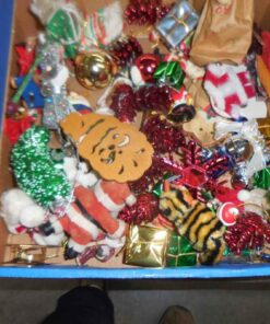 Box of numerous Christmas decorations, animals, angels, icicles & more.