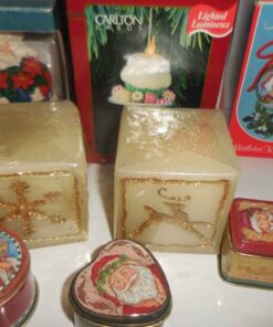 Assorted candles, stocking hanger, tree decorations & more.