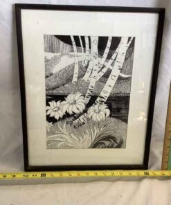 Framed Black & White Birch Tree Artwork 14” x 19”