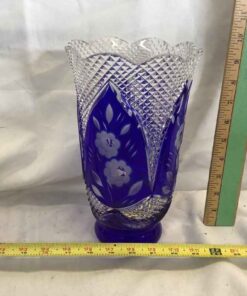Vintage Large Bohemian Cobalt Blue & Clear Crystal Glass Vase