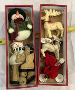 2 boxes of unique Christmas ornaments; wooden, paper mache & stuffed pieces