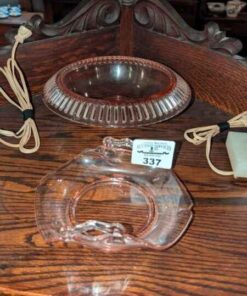 Pink Depression dish with folded edges and bowl with cut out edging