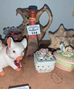 Ring holders, Fishbowl vase, ceramic figures, etc