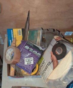 Box lot; Weather stripping, circular saw, wire brush, screwdriver, etc