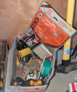 Box lot; trimmer line, tie down, paint edger, piano hinge