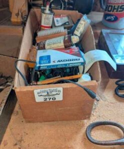 Box lot - gun oil, hand tools, elec. adaptor, etc