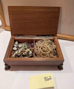 Dresser box, cuff links, costume pearl necklaces