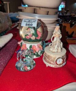 Music Globe, mini clock and glass dolphin figure