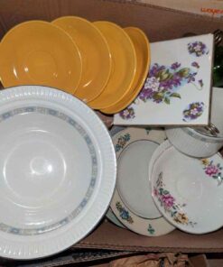 Misc. dishes, green glass bell, sauce bowl, etc