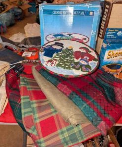 Christmas table linens, raised cake plate