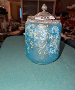Blue Frosted glass biscuit barrel with floral overlay