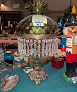 Green Glass Electric Hurricane lamp with coin dot pattern- 1940s