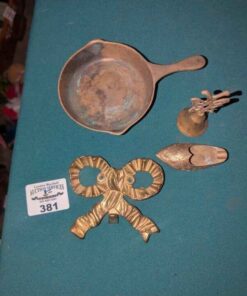 Brass Skillet, shoe, bell and bow hanger