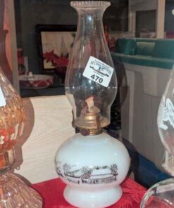 1950s Currier & Ives Milk glass oil lamp 15"