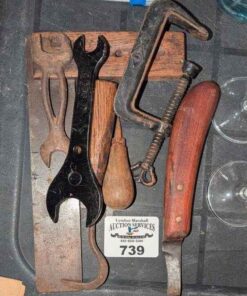 Antique wrenches, hoof knife, C clamp, Square, awl, etc