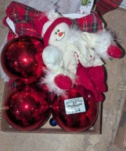 Large Christmas balls, Snowlady bottle cover, linens, etc