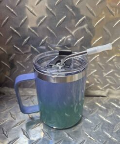 Blue/ green insulated coffee mug with stainless straw and straw brush