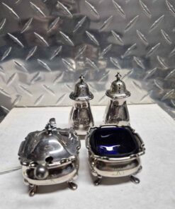 british salt and pepper shakers, mustard dish with spoon etc