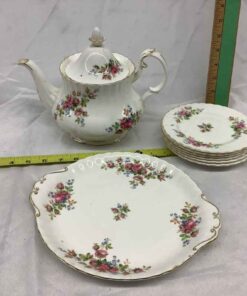 Royal Albert “Moss Rose” teapot, cake plate & 6 sandwich plates