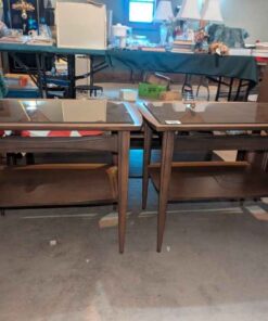 Glass topped mid century modern side table with open shelving Teak Finish