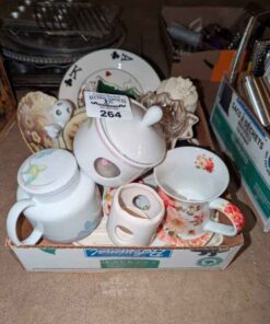 Assorted China dishes, creamer, heart trinket box, etc