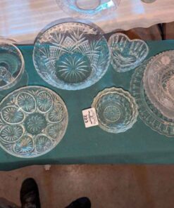 Glass bowls, cake plate, serving plates, etc