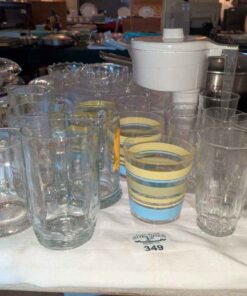 Assorted Drinking glasses, water pitcher