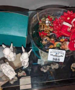Bird, boots, poinsettia ornaments, porcelain figures