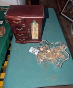 Jewelry box, glass dish and costume jewelry