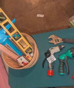 Garden hose nozzles, adjustable wrench, levels, caulking applicator, etc