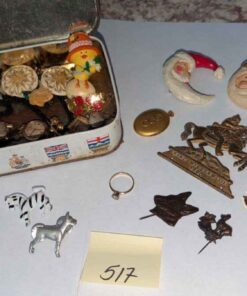 Pins, brooches, watches, etc