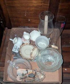 Teacup & sauce, glass bowls, cream and sugar, etc