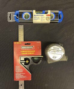 22 - Mastercraft 12" torpedo level. Benchmark 12" combination square. 25' Stanley Fat Max Measuring tape.