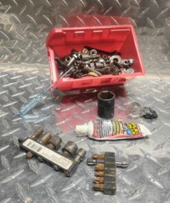 Assorted tool and hardware joblot with red parts bin