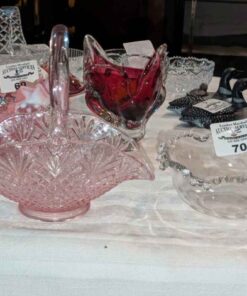 Ruffle edged candy bowl and pink basket