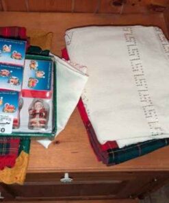 Christmas Santa and miniature house tree ornaments, linens