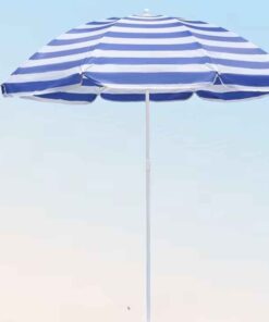 blue and white striped beach umbrella