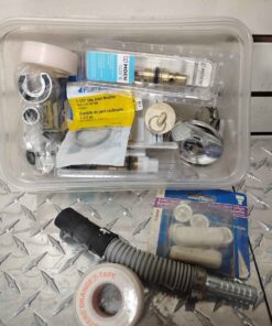 Assorted plumbing tap component tape etc in clear container