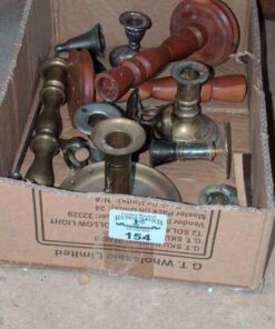 Brass/wood candle stick holders & candle snuffer