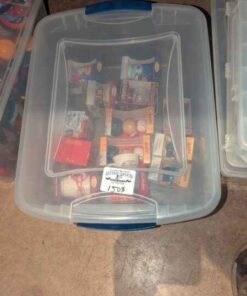 Tim Horton's ornaments in clear plastic storage tote