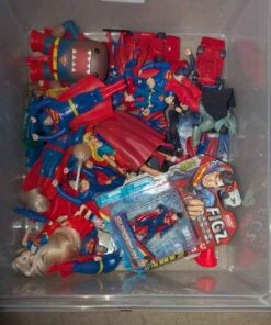 Superman, Supergirl, etc figurines in plastic tote