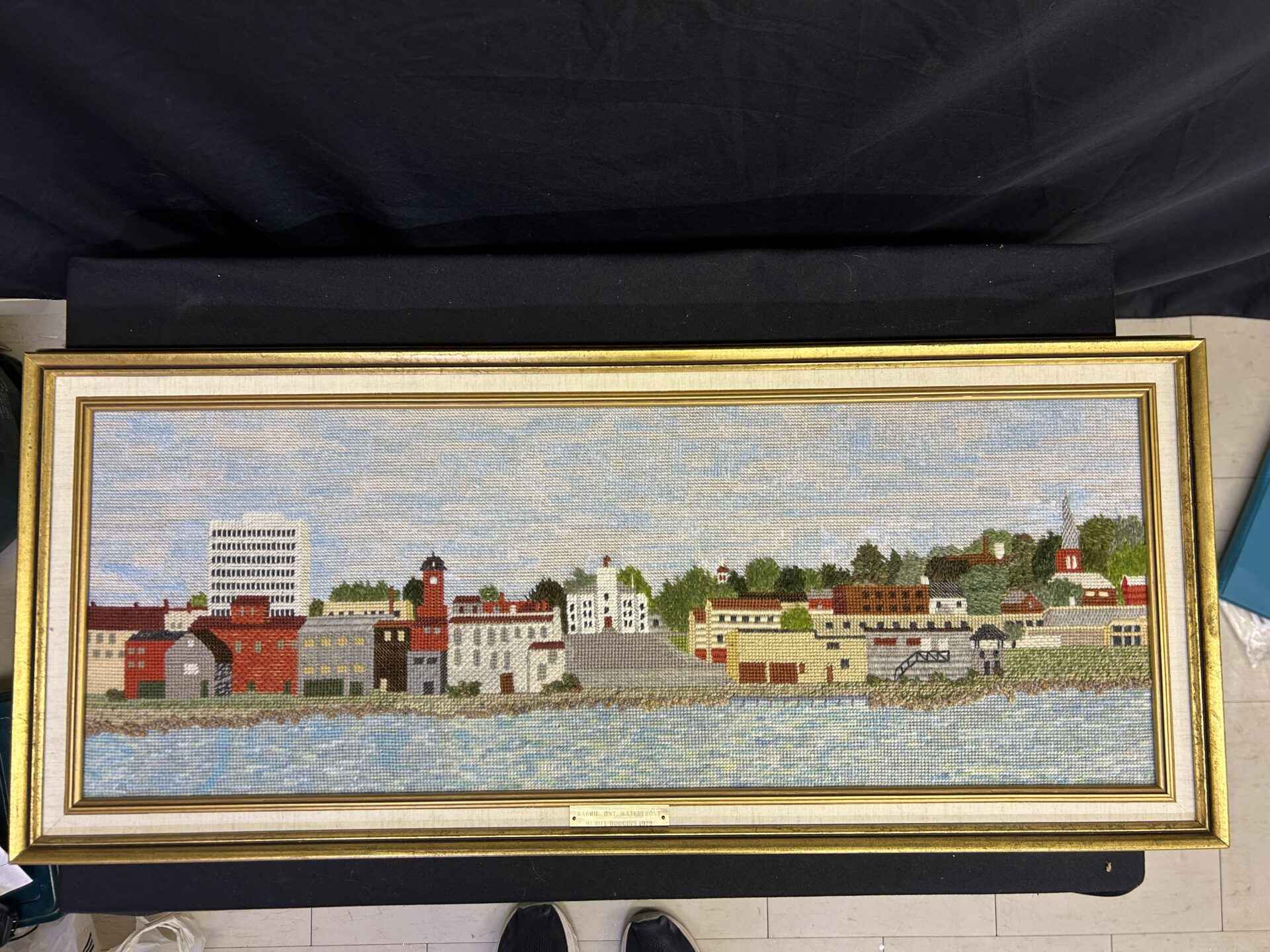 336 - Embroidered picture of the Barrie Waterfront, created by Muriel Hodgins in 1975.