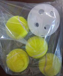 Lot of tennis balls and white ball