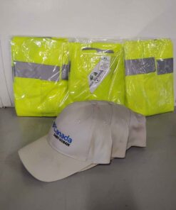 Three safety vests and three ball caps