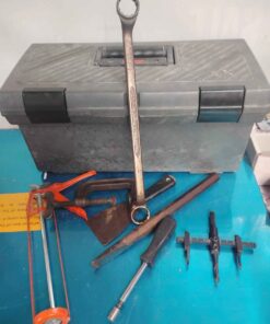 Rubbermaid toolbox with assorted tools