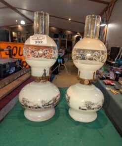Milk glass Currier & Ives farmhouse scene oil lamps