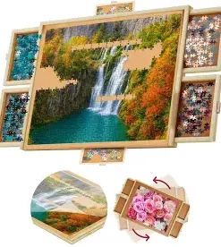 Large lazy Susan style puzzle board with slide out drawers..... puzzle not included
