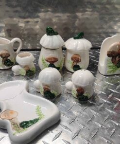 Mushroom design salt and pepper shakers, napkin holder, cream and sugar set etc
