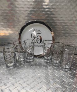 Silver 25th anniversary plate and glasses set